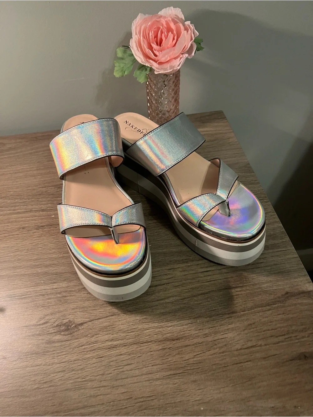 Naked Feet Iridescent Holographic Platform Slide Sandals - Silver